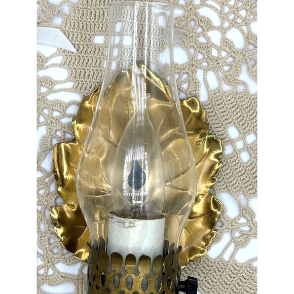 Vintage Mid Century Brass Leaf Electric Mini Sconce Glass Globe Flicker Light - Picture 1 of 5